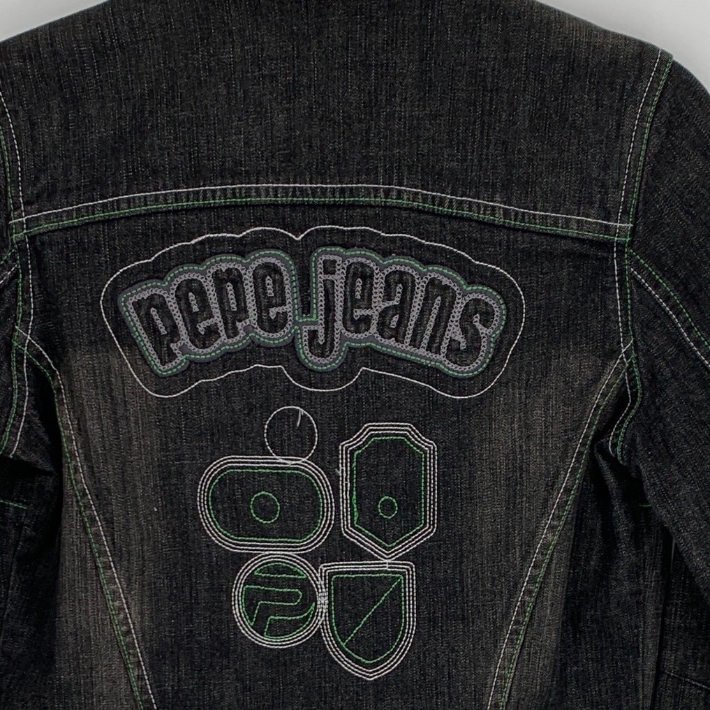 Pepe Jeans London M Black Denim Jacket Neon Green Stitching Y2k — image 5 of 8